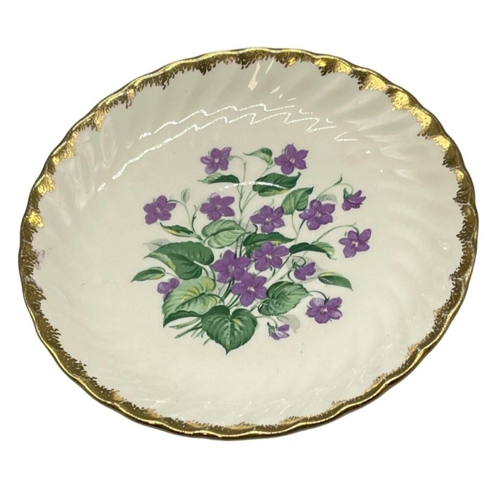 Royal China 22K Gold Golden Violet saucer violet flowers green leaves stems READ